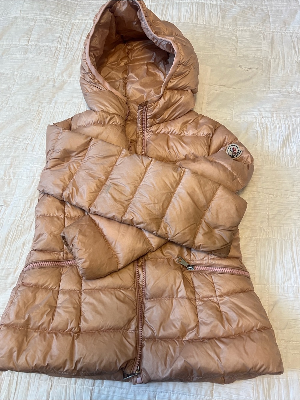 Moncler Kids Rose Gold Hooded Puffer Coat